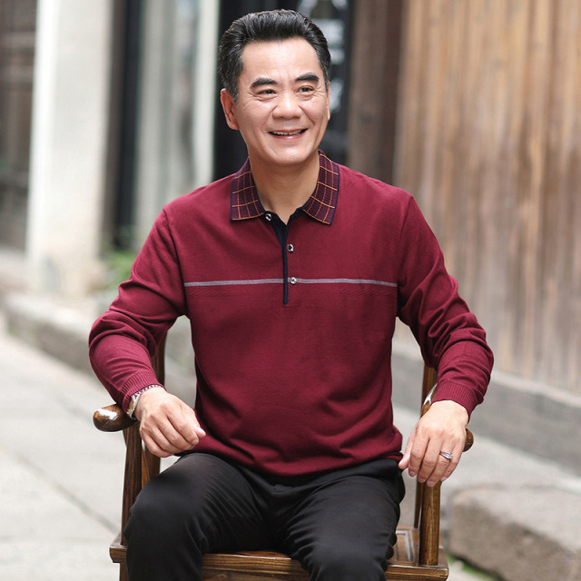 9519362.2023新款中老年长袖t恤男士宽松大码打底衫中年爸爸秋装针织上衣