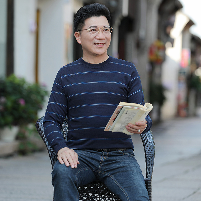 9519068.雄狮爸爸长袖针织t恤春秋款衣服中年男士上衣圆领中老年人男装打底衫春季