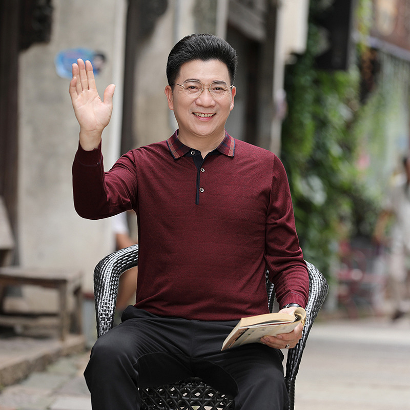 9519133.雄狮中老年男士翻领宽松长袖T恤针织打底衫大码爸爸装