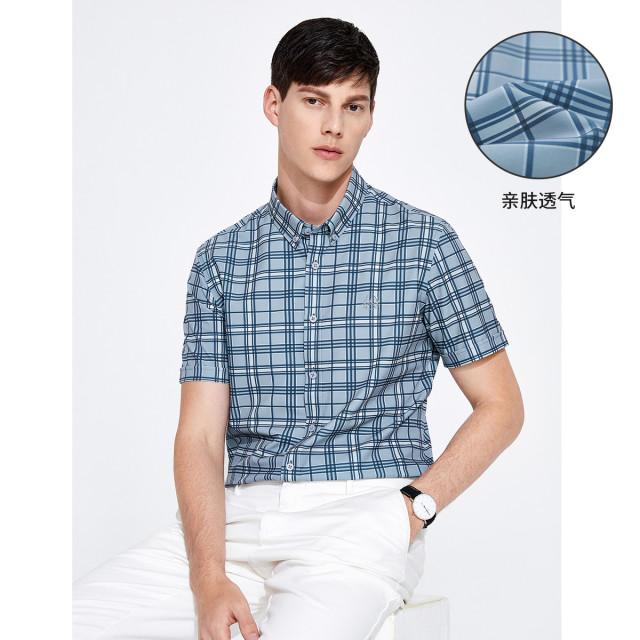 9517289.意大利小帆船 23春夏新品抗皱弹力时尚格纹男士短袖衬衫