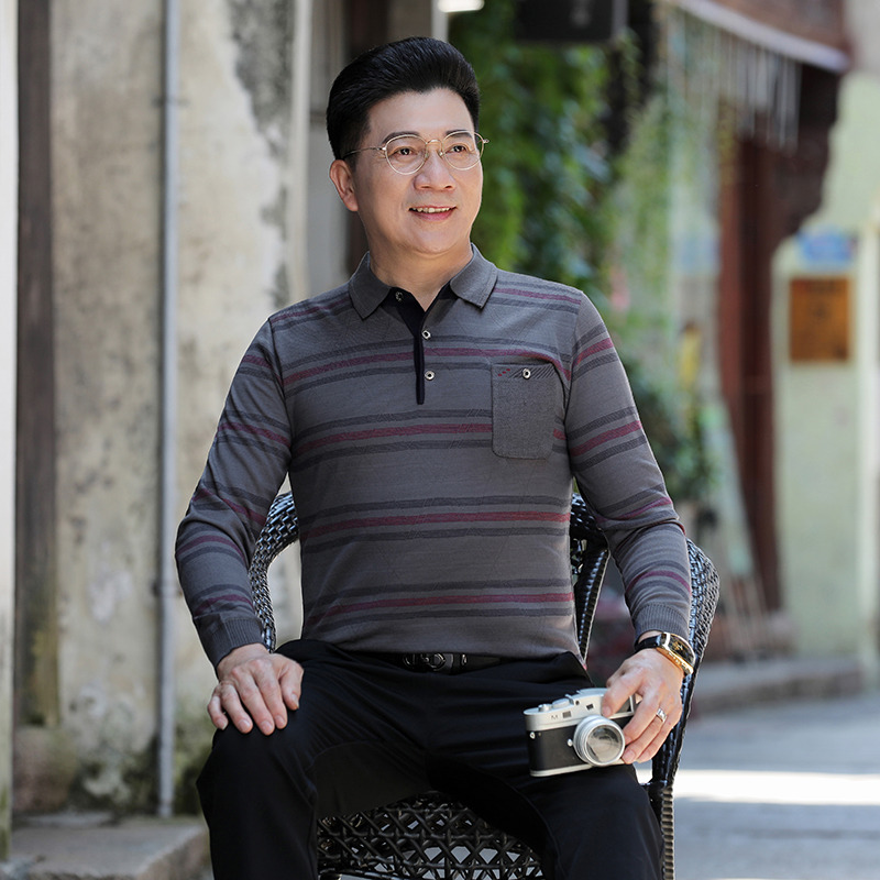 9519128.雄狮中老年人长袖t恤男宽松口袋中年爸爸上衣男士春秋季爷爷装