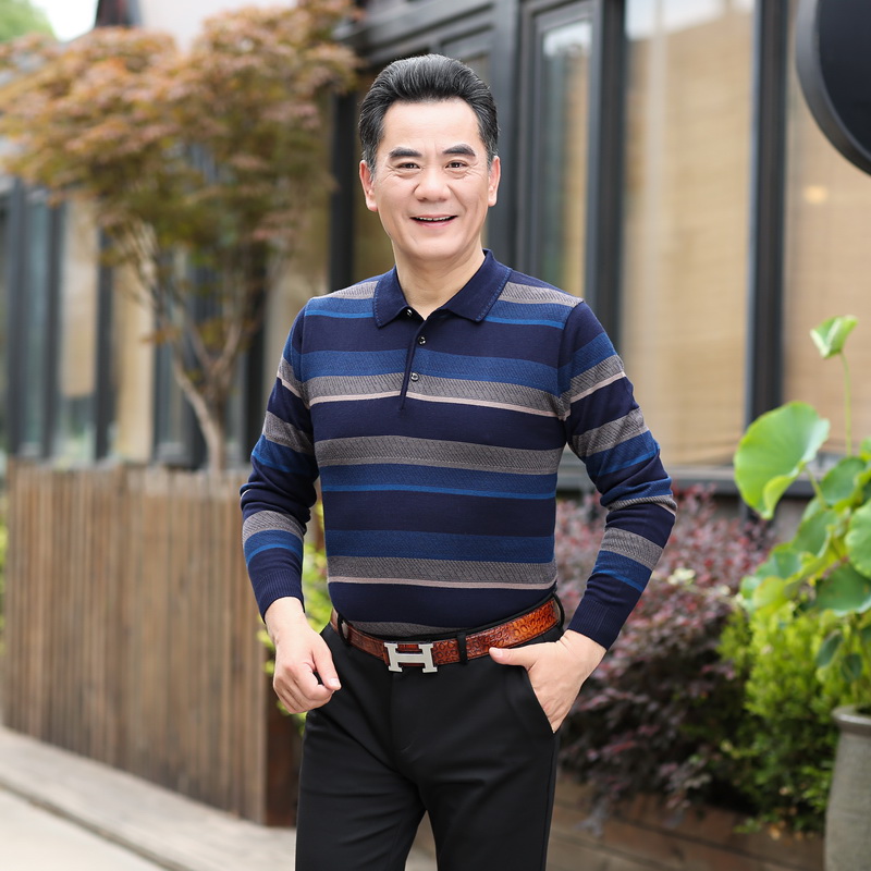 9519336.雄狮中年男士长袖t恤 秋季男装翻领薄款针织衫体恤中老年爸爸装