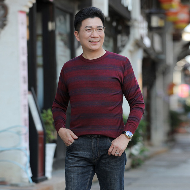 9519077.雄狮春秋季中年男士长袖t恤男装薄款圆领条纹针织体恤衫爸爸装