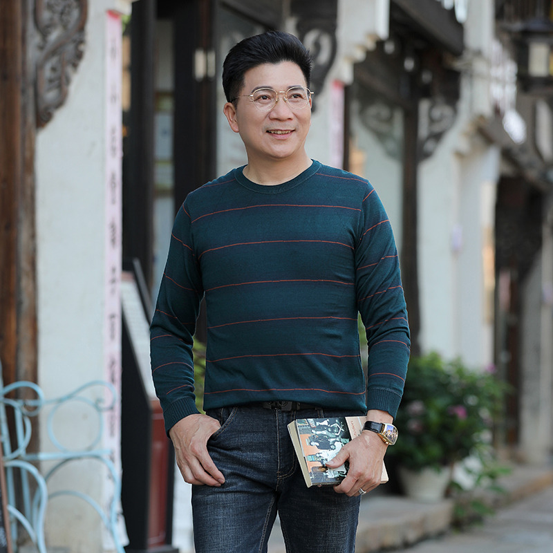 9519077.雄狮春秋季中年男士长袖t恤男装薄款圆领条纹针织体恤衫爸爸装
