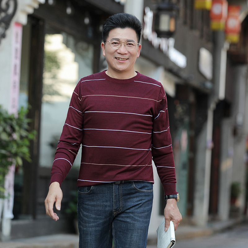 9519062.雄狮秋季中老年男士长袖t恤宽松圆领爷爷针织毛衣服爸爸装打底衫
