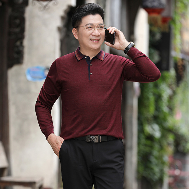 9519133.雄狮中老年男士翻领宽松长袖T恤针织打底衫大码爸爸装