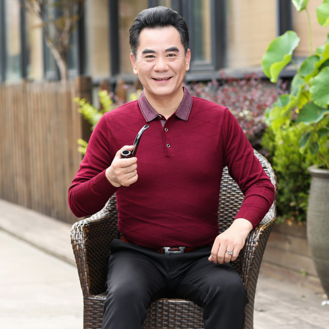 9519332.雄狮长袖t恤翻领男中年春秋男上衣爸爸装打底衫