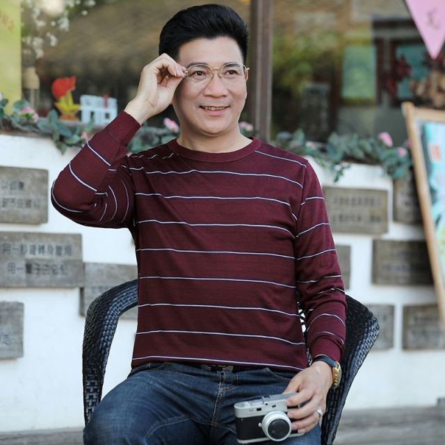 9519068.雄狮爸爸长袖针织t恤春秋款衣服中年男士上衣圆领中老年人男装打底衫春季