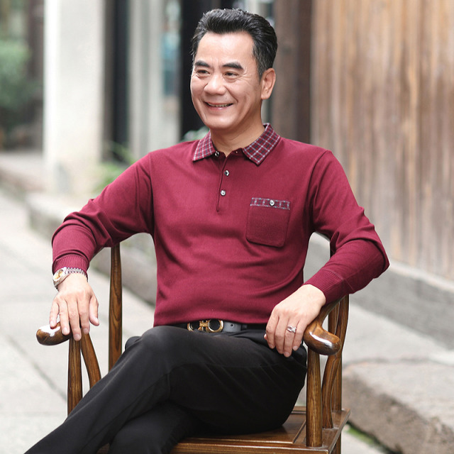 9519348.雄狮爸爸秋装长袖t恤中年男士薄款中老年人休闲上衣服男装