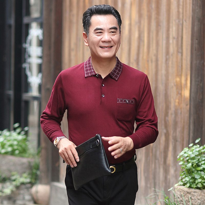 9519348.雄狮爸爸秋装长袖t恤中年男士薄款中老年人休闲上衣服男装