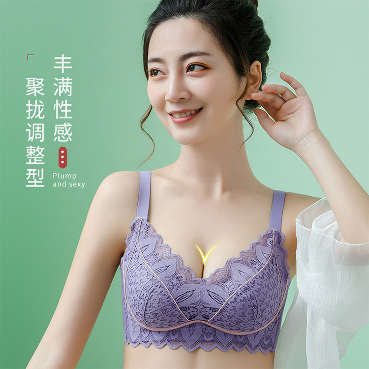 10906514.秋冬蕾丝新款内衣女舒适无钢圈小胸聚拢收副乳调整型文胸