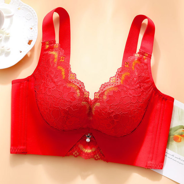 9548966.意达鸟星光月季温感杯内衣女聚拢女小胸收副乳无钢圈防下垂红色文胸