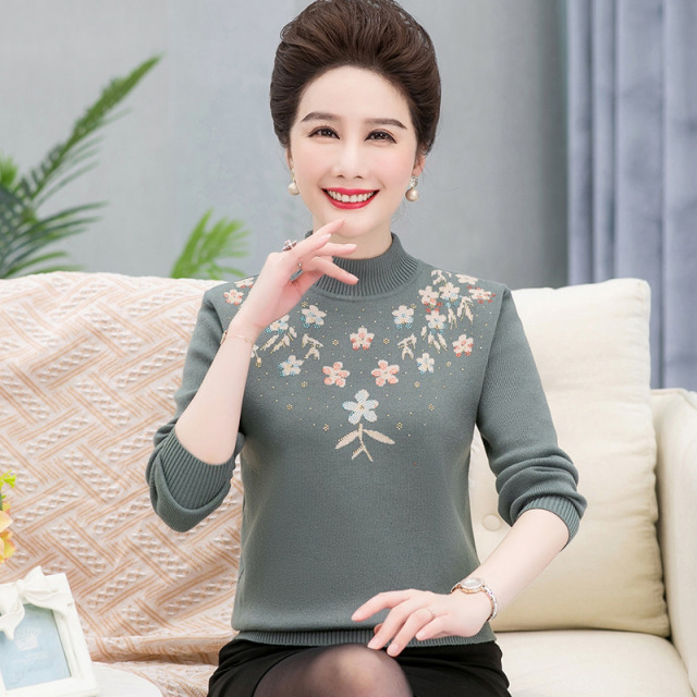 9553507.线缃缘中老年女装妈妈长袖圆领毛衣中年女装时尚宽松大码针织上衣奶奶装