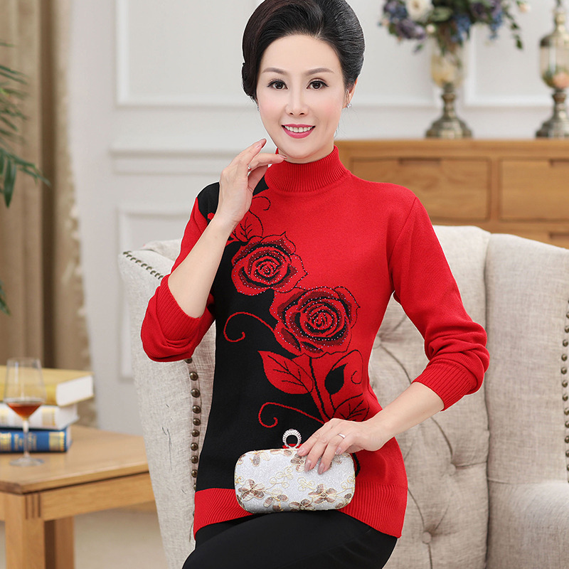 9561738.线缃缘中老年妈妈装毛衣秋冬打底衫中老年女上衣加绒加厚保暖内搭针织衫冬季