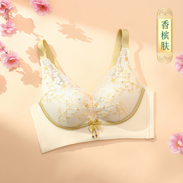 9584588.意达鸟新款文胸女国潮刺绣蕾丝刺绣小胸聚拢无钢圈收副乳调整型女士内衣