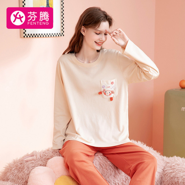 9596007.芬腾【软萌卡通可外穿】秋季舒适圆领棉柔长袖女士家居服睡衣套装女