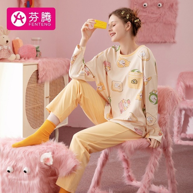 9595861.芬腾【全棉美食萌兔】早秋便捷圆领可爱风女士家居服套装女士睡衣女