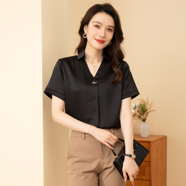 9607448.罗蒙夏季短袖衬衫女士V领时尚优雅百通勤百搭衬衫女
