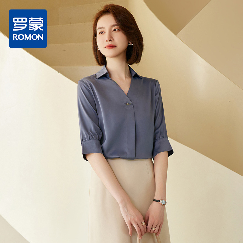 9607257.罗蒙夏季新款短袖衬衫女士V领时尚百搭通勤缎面衬衣