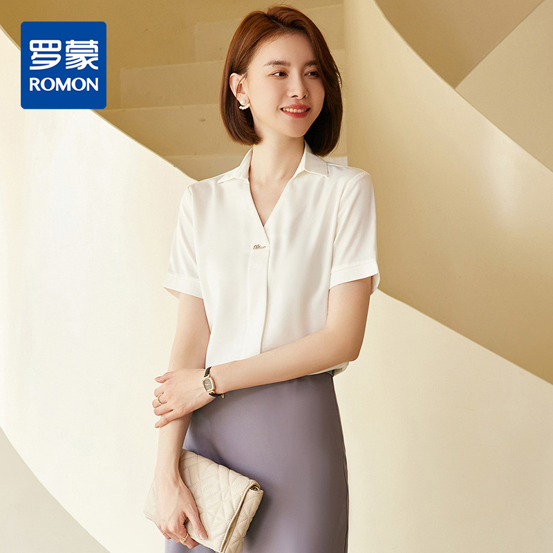 9607448.罗蒙夏季短袖衬衫女士V领时尚优雅百通勤百搭衬衫女