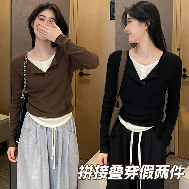 11034794.FEIMI秋季韩版拼接叠穿假两件长袖T恤打底衫