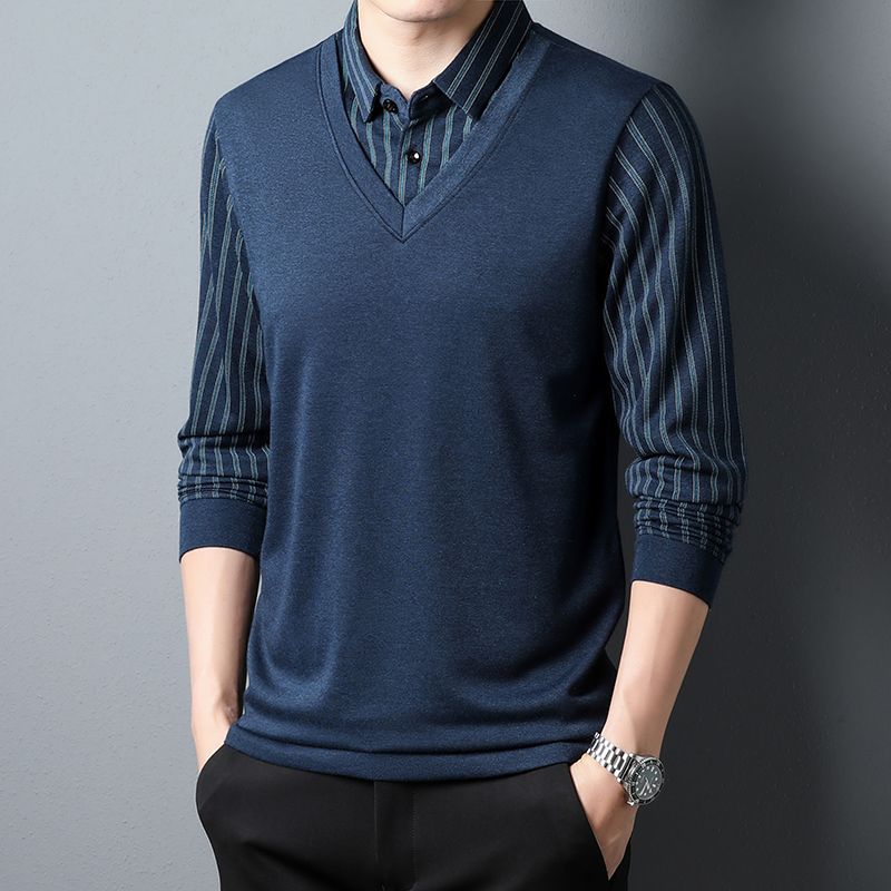 9504215.雄狮春秋季中年男士假两件长袖t恤爸爸装衬衫翻领打底衫