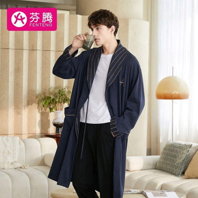 9657343.芬腾【柔软全棉绅士范】新款早秋翻领长袖纯棉男士睡衣居家服睡袍