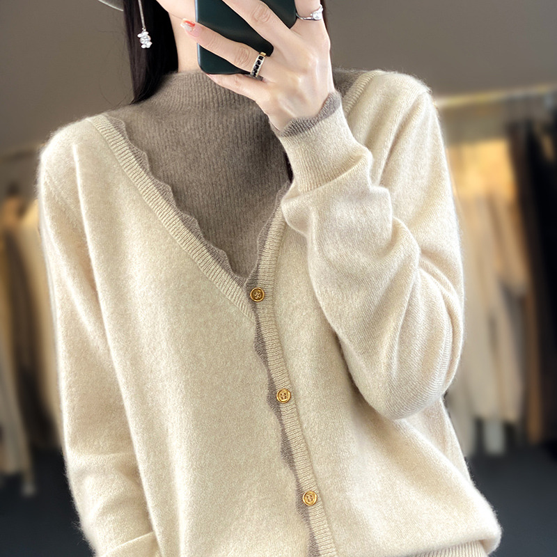 9662185.【100%羊毛】半高领假两件撞色羊毛衫