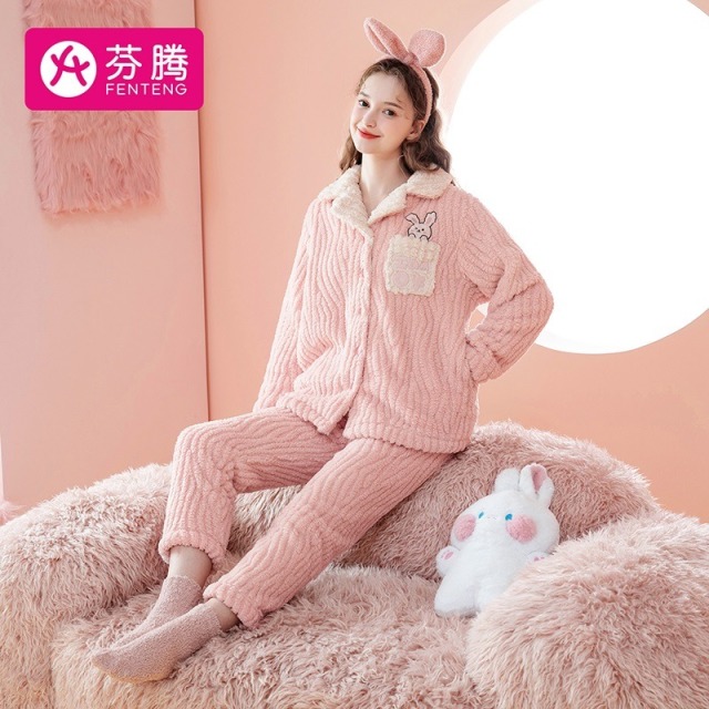 9661550.芬腾【奶油调双面长毛绒】280g秋冬翻领兔子暖绒睡衣女套装家居服