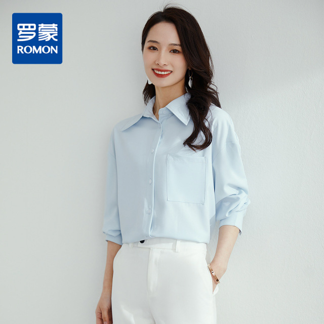 9708336.罗蒙四季款女装长袖衬衫女士时尚休闲口袋款经典翻领通勤百搭衬衣女