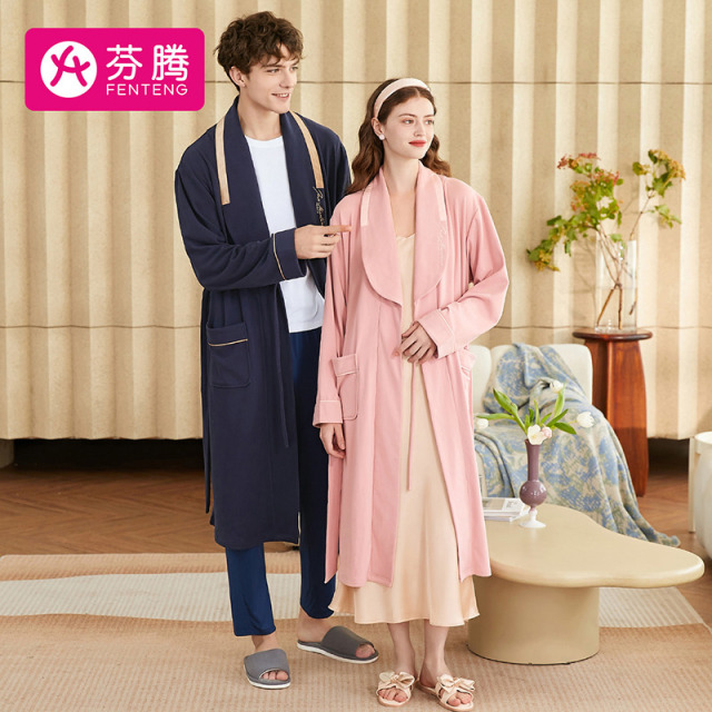 9706389.芬腾【舒适暖绒情侣】220g秋季翻领纯色系带家居服女士睡衣睡袍女