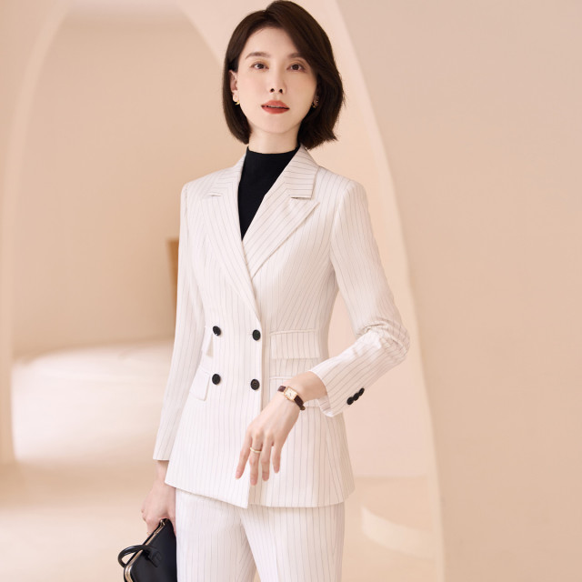 9710181.【上衣+裤子】罗蒙春秋款双排扣西服套装女士正装商务通勤气质条纹西装两件套