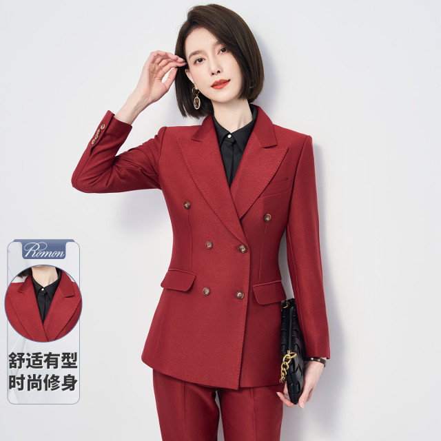 9712493.【上衣+裤子】罗蒙春秋款西服套装女春秋双排扣修身显瘦商务通勤正装两件套