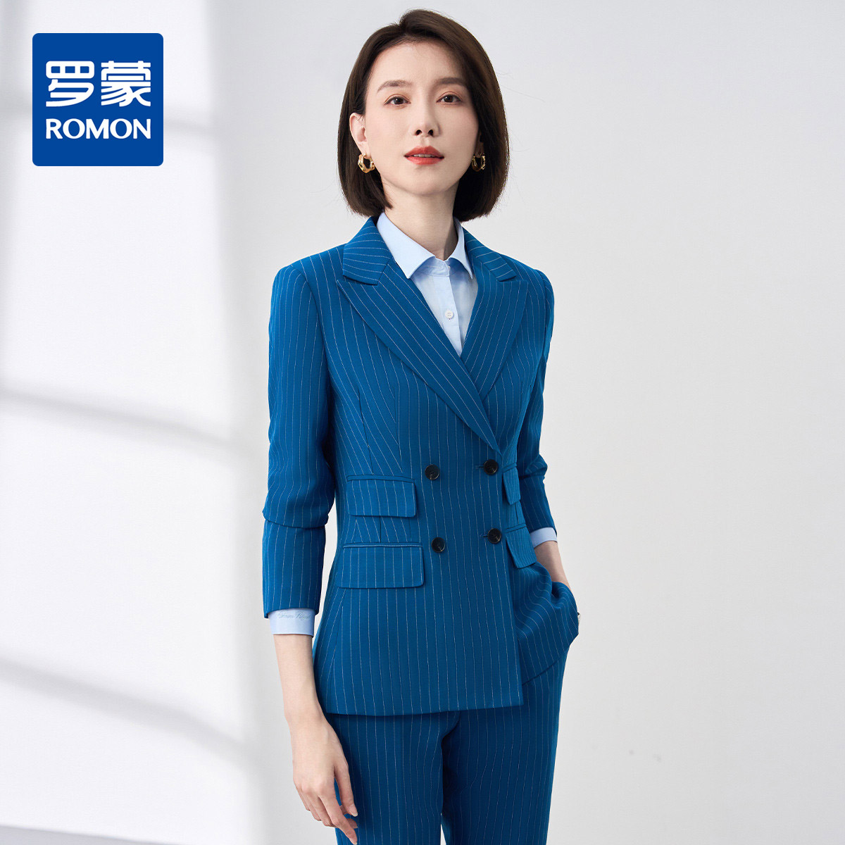 9710181.【上衣+裤子】罗蒙春秋款双排扣西服套装女士正装商务通勤气质条纹西装两件套
