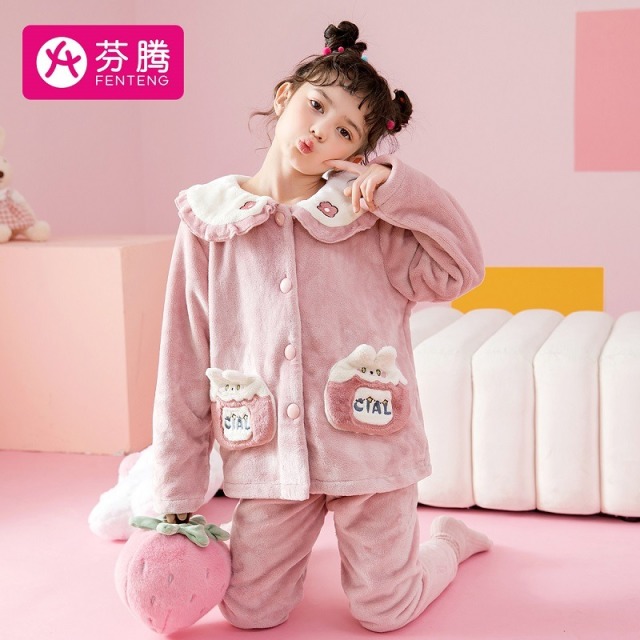 11554147.芬腾【法兰绒萌萌小兔】290g秋冬花边翻领长袖睡衣套装女童家居服