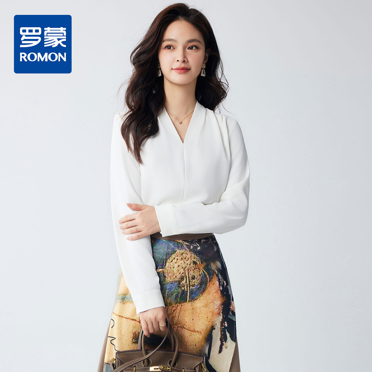 9740372.【气质V领】罗蒙女式长袖衬衫商务时尚优雅大气简约通勤百搭衬衫女