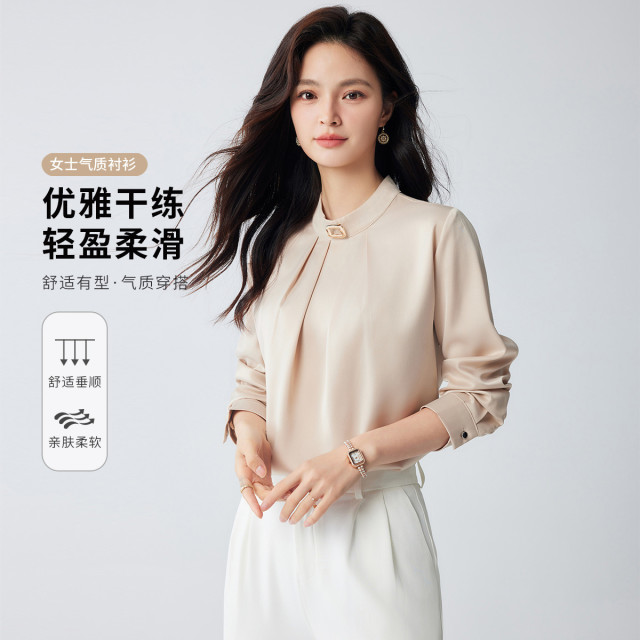 9741286.【知性优雅】罗蒙女式长袖衬衫舒适百搭商务通勤圆领长袖衬衫女