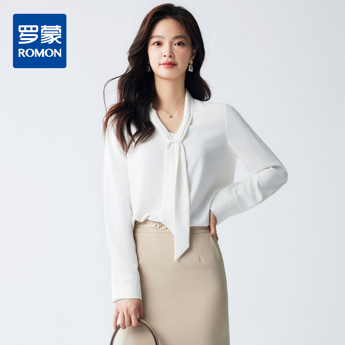 9740419.【系带领口】罗蒙女式长袖衬衫时尚优雅简约百搭气质V领通勤女衬衫
