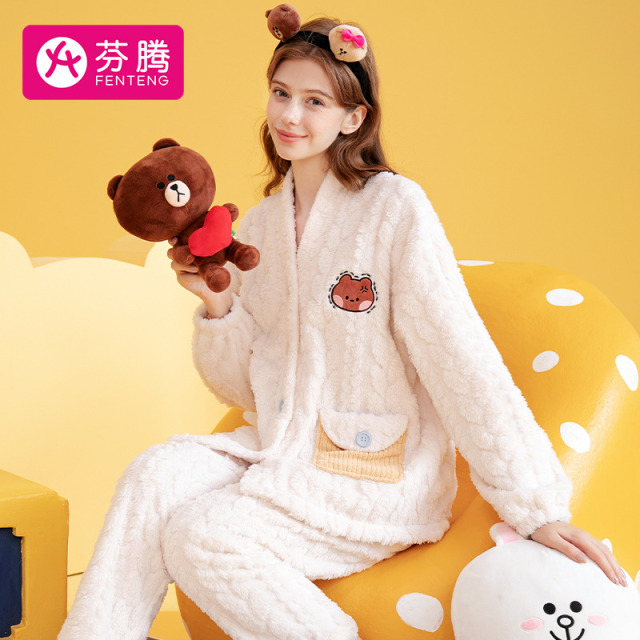 9740255.芬腾品牌专供【布朗熊IP联名】320g秋冬V领加绒女士家居服睡衣套装女