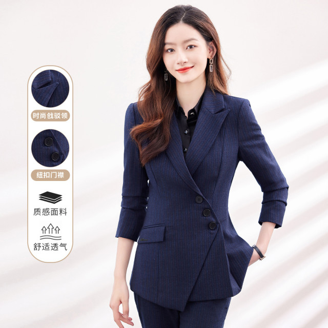 9743244.【上衣+裤子】罗蒙女式套装条纹两件套商务通勤不规则下摆西服套装女