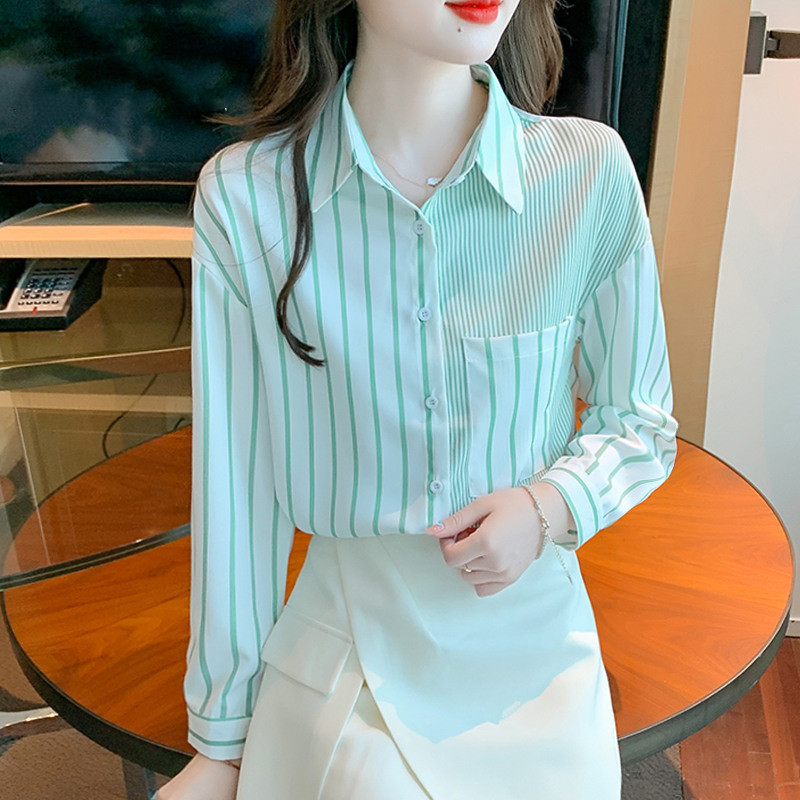 13167828.丹芙娅秋季新款设计感百搭条纹印花polo领衬衫女