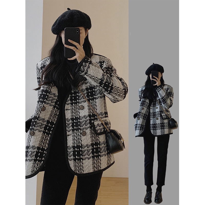 13168353.丹芙娅秋季新款长袖宽松格子外套