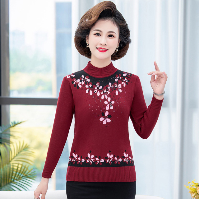 9783650.线缃缘老年妈妈秋冬季奶奶毛衣女保暖一体加绒加厚打底衫宽松老人衣服