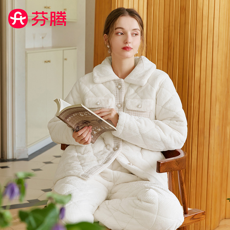 9860328.芬腾【优雅小香风防静电】240g秋冬开衫长袖暖绒夹棉睡衣女家居服