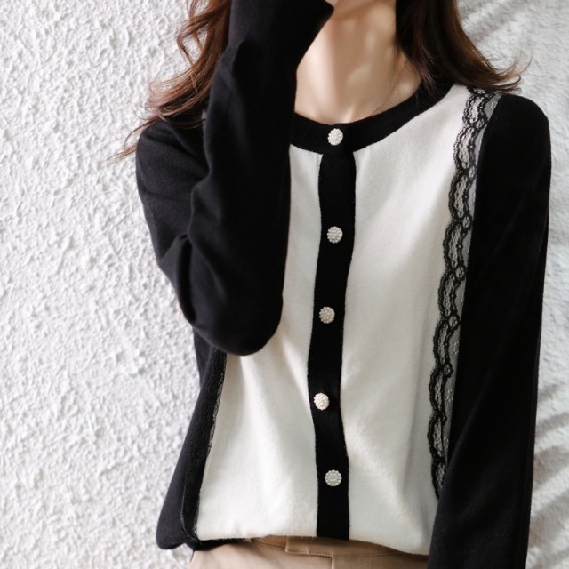 13787982.牧冬羊圆领黑白蕾丝拼色针织开衫