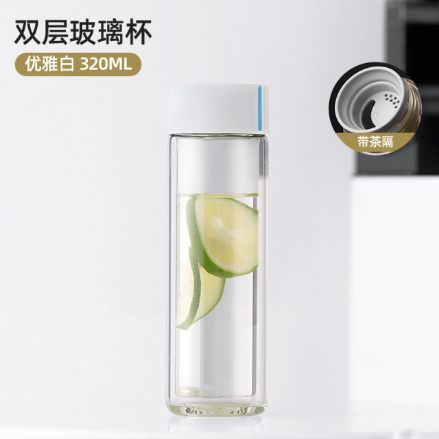 12293152.【抗菌耐热 双层带茶隔】茶花玻璃杯双层家用带盖子茶杯男女学生水杯泡茶杯透明杯子大容量