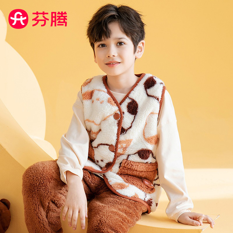 9739512.芬腾【正版布朗熊联名】23新款秋冬V领双面暖绒家居服男童马甲外套