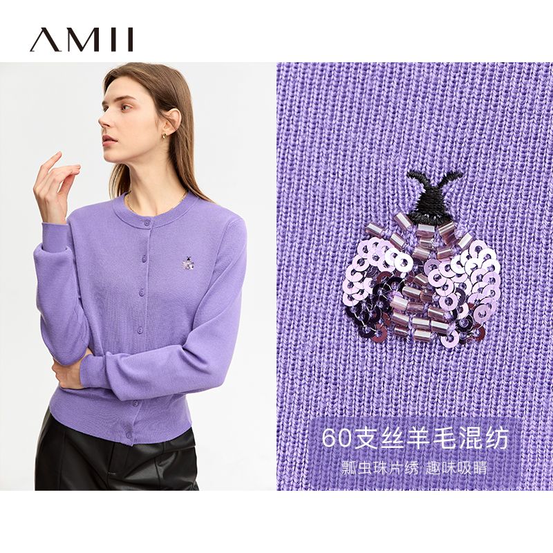 9900238.【有趣极简】春季圆领瓢虫珠片绣桑蚕丝羊毛针织开衫女