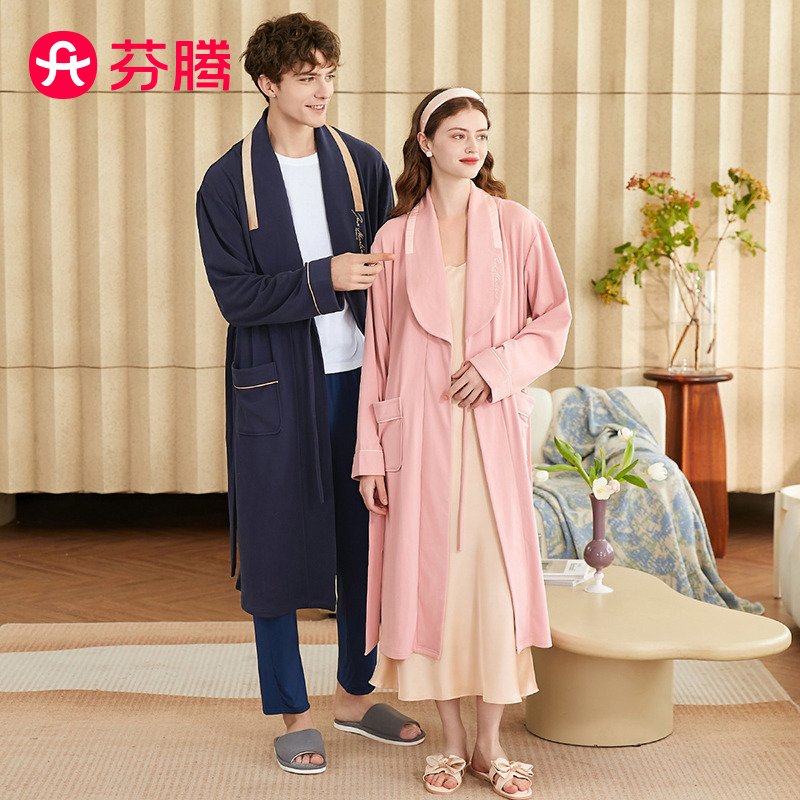 9706389.芬腾【舒适暖绒情侣】220g秋季翻领纯色系带家居服女士睡衣睡袍女