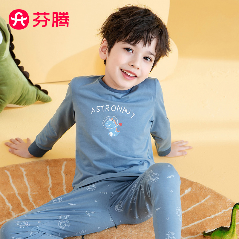9564946.芬腾【舒适棉感】卡通印花弹力圆领儿童保暖内衣打底秋衣秋裤套装男童